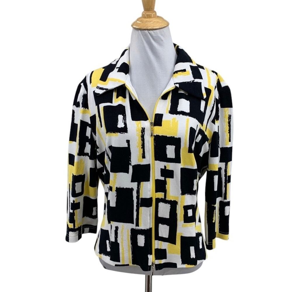 Joseph Ribkoff Jacket Womens 14 White Yellow Geometric Zip Up Crop Double Lined